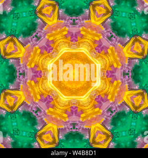 Vibrant blue purple and yellow feathers fashion. Geometric kaleidoscope pattern on mirrored axis of symmetry reflection. Colorful shapes as a wallpape Stock Photo