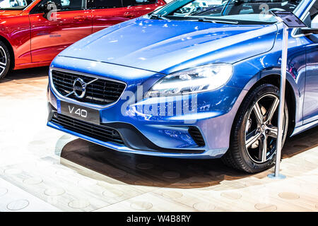 Brussels, Belgium, Jan 2019 blue Volvo V40 station wagon, Brussels Motor Show, 1st gen facelift, small family estate manufactured by Swedish Volvo Car Stock Photo