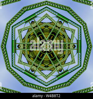 Patterned cirlcular photo created from the shapes of a green bridge in California. Geometric kaleidoscope pattern on mirrored axis of symmetry reflect Stock Photo