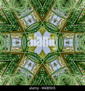 Patterned photo created from the shapes of a green bridge in California. Geometric kaleidoscope pattern on mirrored axis of symmetry reflection. Color Stock Photo