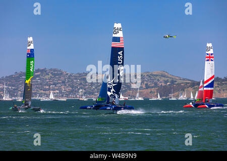 SailGP Australia, USA, and Great Britain racing on San  Francisco Bay, California Stock Photo