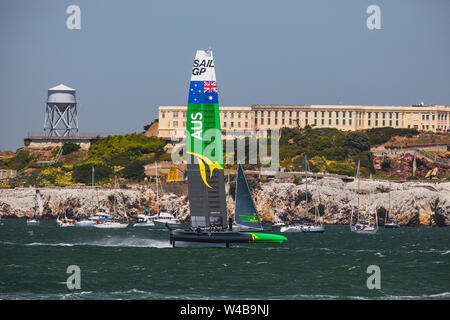 SailGP team France on the San Francisco Bay flying in front of Alcatraz Stock Photo