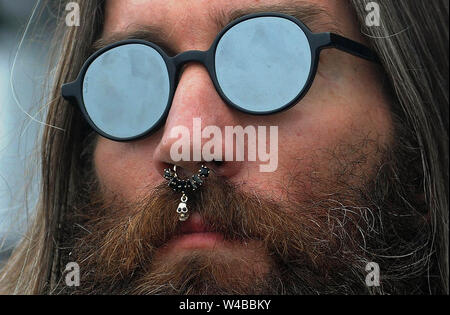 Rio de Janeiro, September 20, 2015. Closeup detail of the face and percing of the rocker during show at Rock in Rio 2015. Stock Photo