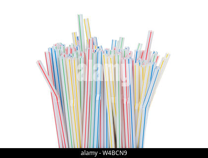 Close up on tops of many colorful striped plastic straws facing upwards. California just became the first US state to ban plastic straws in restaurant Stock Photo