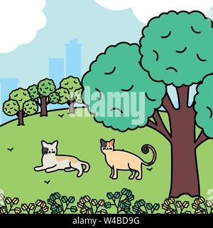 cute cats mascots adorables in the park vector illustration design Stock Vector