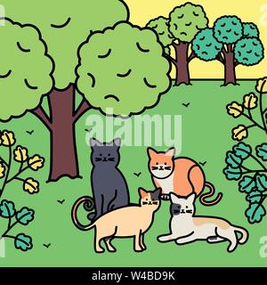 cute cats mascots adorables in the park vector illustration design Stock Vector