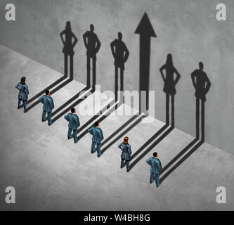 Corporate Career Success as a group of people with one leader casting a shadow with an arrow as a business success concept. Stock Photo