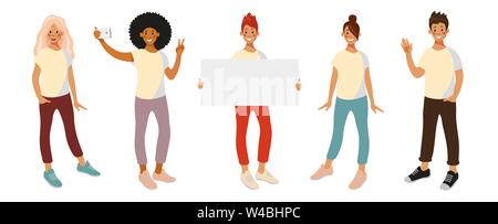 A group of friends, a team of teenagers are in different poses. People with different gestures, presentation, selfie, greeting. Characters flat vector illustration isolated on white background. Stock Vector