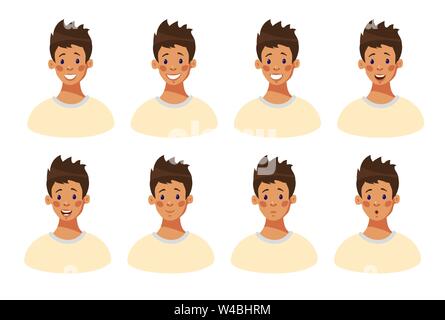 Set of 8 positive male emotions.Facial expression teenager.The head of a young guy with happy and surprised emotions on his face. Emotional intelligence. Avatar guy.Cartoon style, vector illustration. Stock Vector