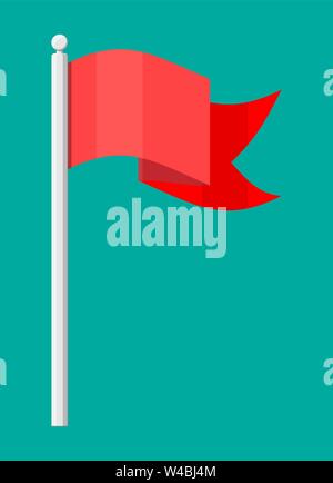 Red flag on metal flagpole template. Stock Vector