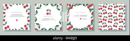 Set of floral card templates with cherries. Use for invitations, greeting cards, birthday cards, romantic design, festive announcements, posters Stock Vector