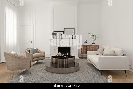 Modern interior design of very bright loft apartment with italian style furniture, fireplace with painting frames above, wooden side console and wall Stock Photo
