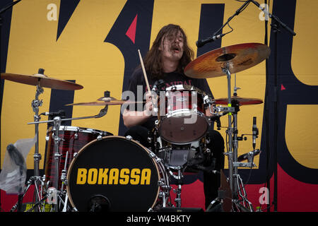 Trondheim, Norway - July 13th, 2019. The Norwegian rock band Bokassa performs live concert at Granåsen Arena in Trondheim. Here drummer Olav Dowkes is seen live on stage. (Photo credit: Gonzales Photo - Tor Atle Kleven). Stock Photo