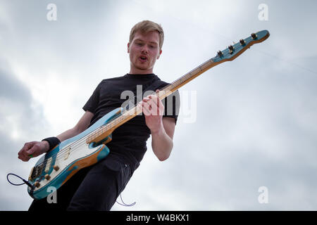 Trondheim, Norway - July 13th, 2019. The Norwegian rock band Bokassa performs live concert at Granåsen Arena in Trondheim. Here bass player Bård Linga is seen live on stage. (Photo credit: Gonzales Photo - Tor Atle Kleven). Stock Photo