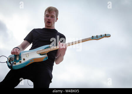 Trondheim, Norway - July 13th, 2019. The Norwegian rock band Bokassa performs live concert at Granåsen Arena in Trondheim. Here bass player Bård Linga is seen live on stage. (Photo credit: Gonzales Photo - Tor Atle Kleven). Stock Photo