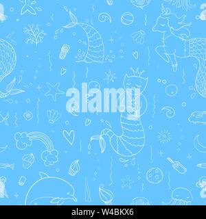Seamless pattern with fantasy doodles of mermaid theme. Decorative background for kids girl textile with tails, cat, unicorn and other mermaid stuff. Stock Vector