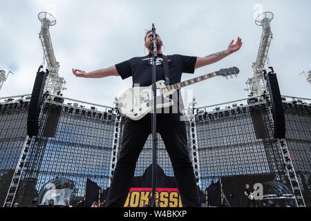 trondheim norway july 13th 2019 the swedish doom metal band ghost performs a live concert at granasen arena in trondheim here a band member a nameless ghoul is seen live on