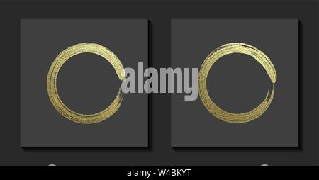 Round grunge golden frame on a gray background. Circle luxury vintage border, Label, logo design element. Hand drawn shape vector Illustration. Gold Brush abstract wave Stock Vector