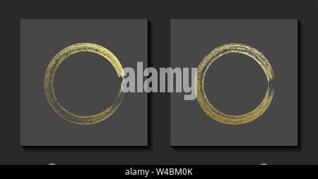 Round grunge golden frame on a gray background. Circle luxury vintage border, Label, logo design element. Hand drawn shape vector Illustration. Gold Brush abstract wave Stock Vector