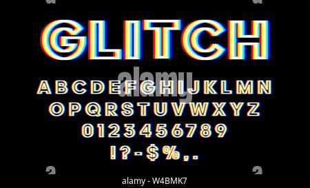 Glitch font with distortion 3D effect. English letters, numbers and symbols with glitch effect. Yellow, red and blue channels. Stock Vector
