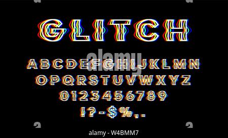 Glitch font with distortion 3D effect. English letters, numbers and symbols with glitch effect. Yellow, red and blue channels. Stock Vector