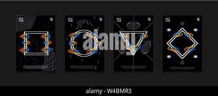 Set of posters for art exhibition or music event with glitched geometric shapes on black background. Design for cover, poster, flyer, card, invitation Stock Vector