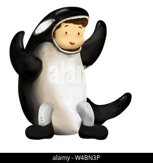 Illustration of kid in animal costume, kid in orca whale costume Stock Photo