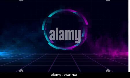 Synthwave vaporwave retrowave cyber landscape with sparkling glitch circle, laser grid, blue and purple glows with smoke and particles. Design for Stock Vector
