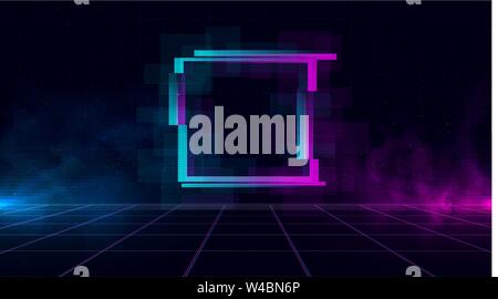 Synthwave vaporwave retrowave cyber landscape with sparkling glitch square, laser grid, blue and purple glows with smoke and particles. Design for Stock Vector