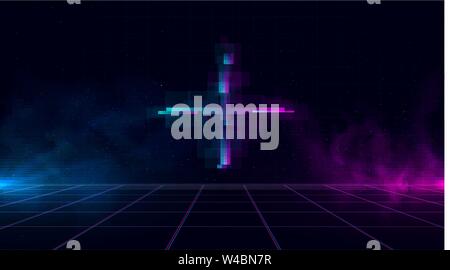 Synthwave vaporwave retrowave cyber landscape with sparkling glitch cross, laser grid, blue and purple glows with smoke and particles. Design for Stock Vector