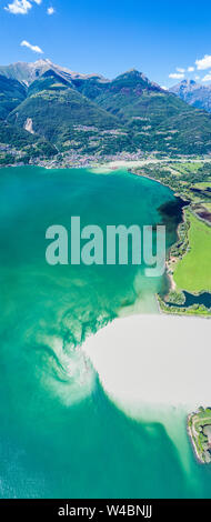 Aerial panoramic of River Adda flowing into Lake Como, Trivio di Fuentes, Lower Valtellina, Lombardy, Italy Stock Photo