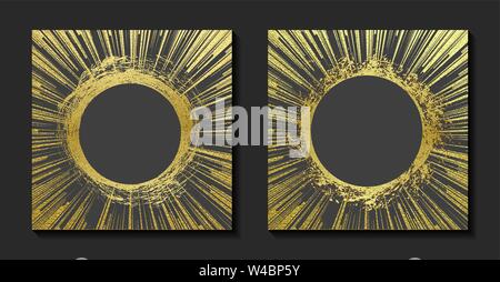 Round grunge golden frame on a gray background. Circle luxury vintage border, Label, logo design element. Hand drawn shape vector Illustration. Gold B Stock Vector