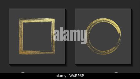 Square and round golden frames on a grey background. Luxury vintage border, Label, logo design element. Hand drawn vector Illustration. Abstract gold Stock Vector