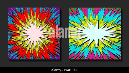 Pop art comic background. Explosion, retro speech bubble with dots. Comic book fight stamp for card Superhero action frame. Vector illustration. Stock Vector