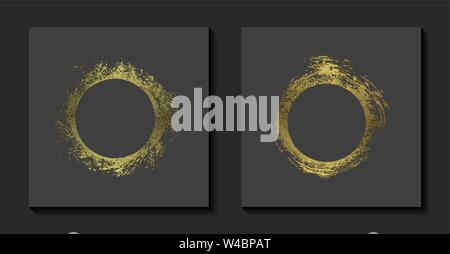 Round golden frames on a grey background. Luxury vintage border, Circle label, logo design element. Hand drawn vector Illustration. Abstract gold brus Stock Vector