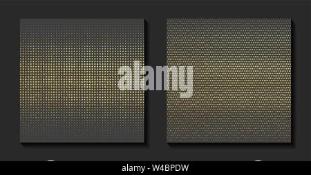 Golden shiny halftone effect pattern. Gold glitter dots texture. Christmas luxury background. Gradient ornament. Abstract design element. Vector illus Stock Vector