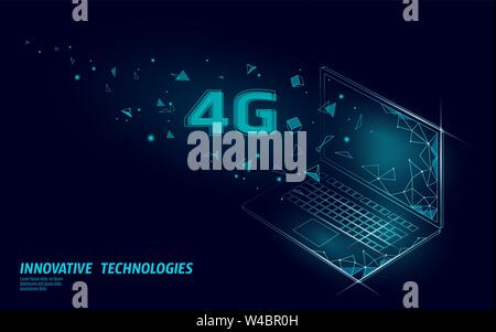 4G new wireless internet wifi connection. Laptop mobile device isometric blue 3d flat. Global network high speed innovation connection data rate Stock Vector