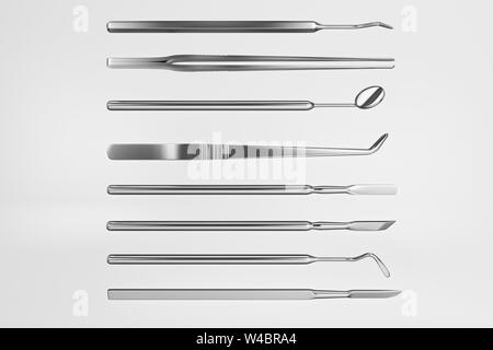 Image of a dentist's tools on a white background. Dentist set tools for inspect of the teeth. 3D rendering. Stock Photo