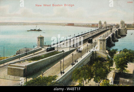 Colorized postcard of the New West Boston Bridge also called the Longfellow bridge at the time of its opening in 1906 in Massachusetts USA Stock Photo