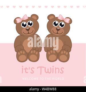 its twins girl welcome greeting card for childbirth with teddy bear vector illustration EPS10 Stock Vector