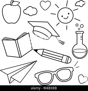 School themed sketch icons. School supplies, science symbols, study theme doodles. Vector black and white coloring page. Stock Vector