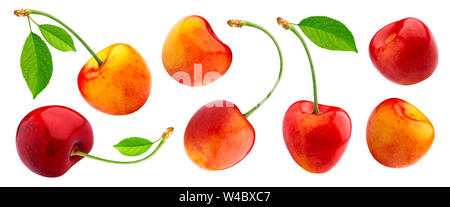 Yellow cherries isolated on white background with clipping path, fresh cherry with stems and leaves Stock Photo