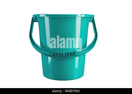 New green bucket for mopping, a special form under a mop. Isolated on white background. file contains clipping path Stock Photo