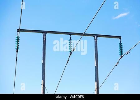 electric poles with wires and transformers Stock Photo