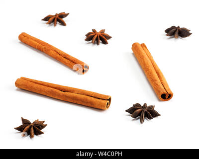 Cinnamon (Cinnamomum verum) and anise (Pimpinella anisum) spice on white background Stock Photo