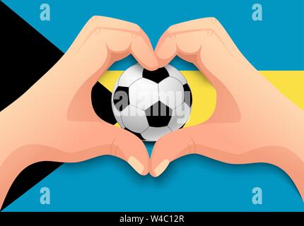 Bahamas flag and hand heart shape. National football background. Soccer ball with flag of Bahamas vector illustration Stock Vector