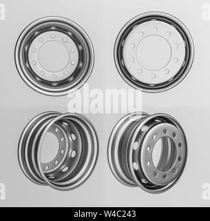 Isolated on white background new front rear truck shine disks for tires. New disks tires for commercial transport truck. High resolution commercial truck tires. 3d rendering Stock Photo