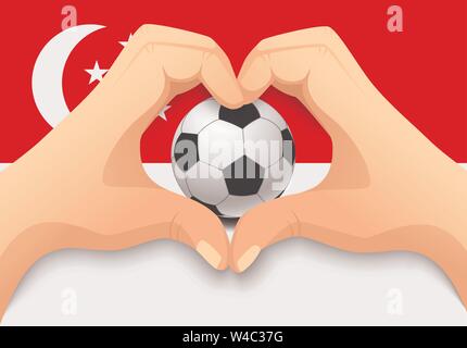 Singapore flag and hand heart shape. National football background. Soccer ball with flag of Singapore vector illustration Stock Vector