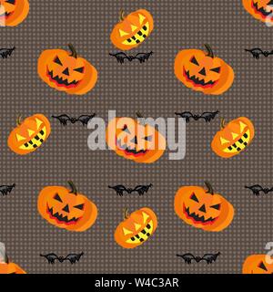 Pumpkins and bats on a gray background geometric seamless pattern vector illustration Stock Vector