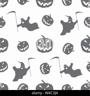 monochrome ghosts and pumpkins on a white background seamless pattern Stock Vector